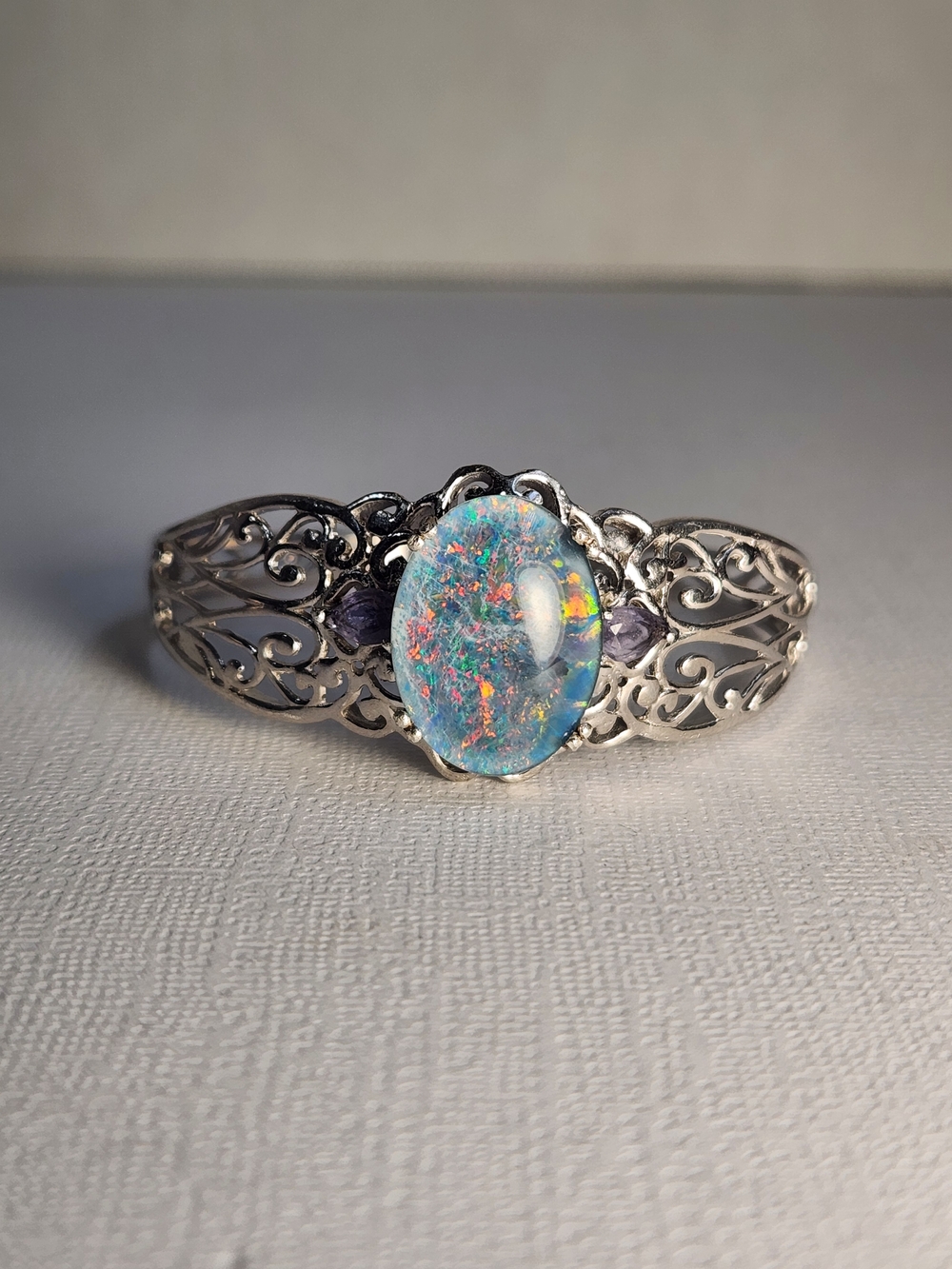 VTG Large Natural Opal & Amethyst 925 Filigree Cuff Btacelet - Picture 3 of 16